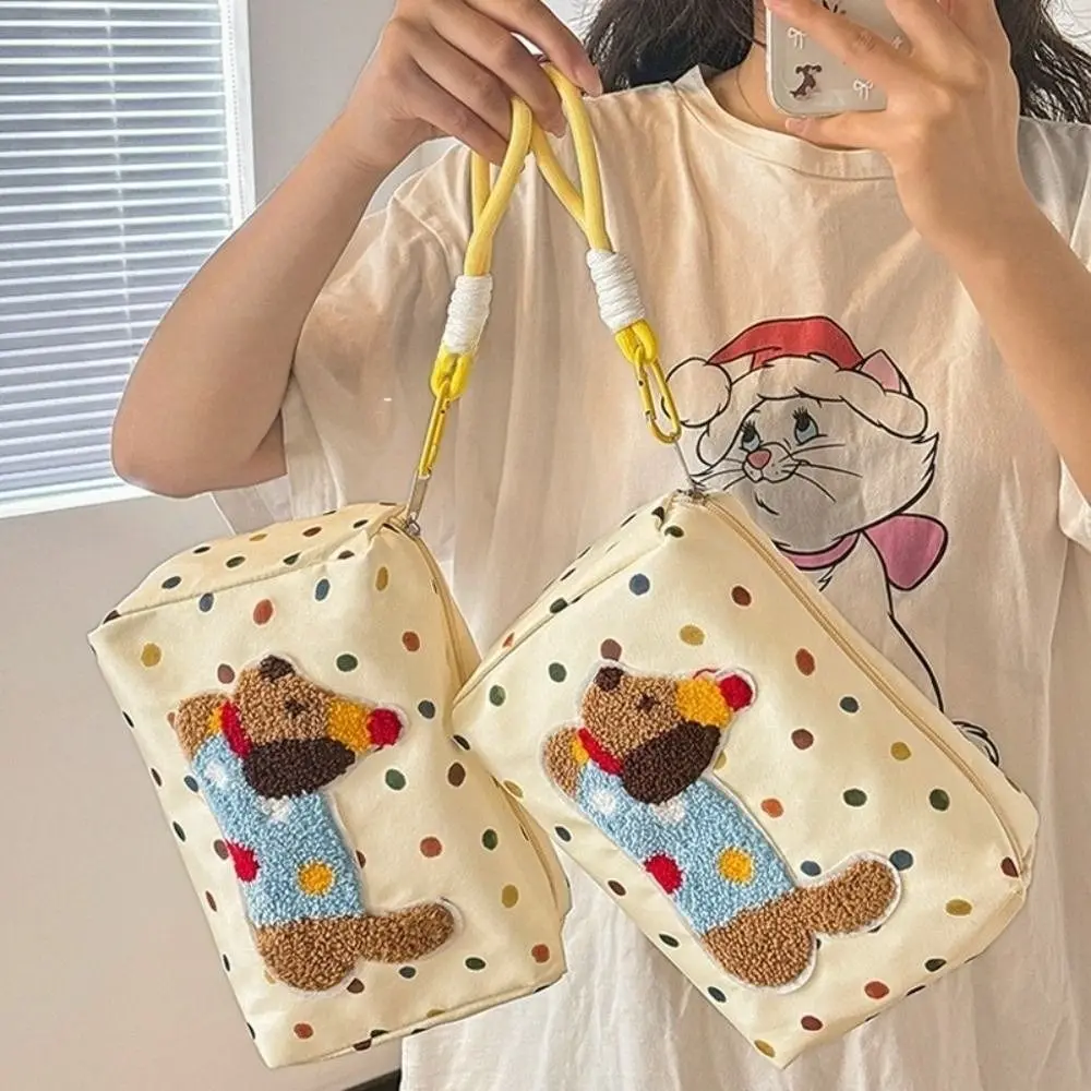 

Zipper Cartoon Puppy Cosmetic Bag Large Capacity Handheld Makeup Pouch Polka Dot Dachshund with Rope Pendant Travel Toilet Bag