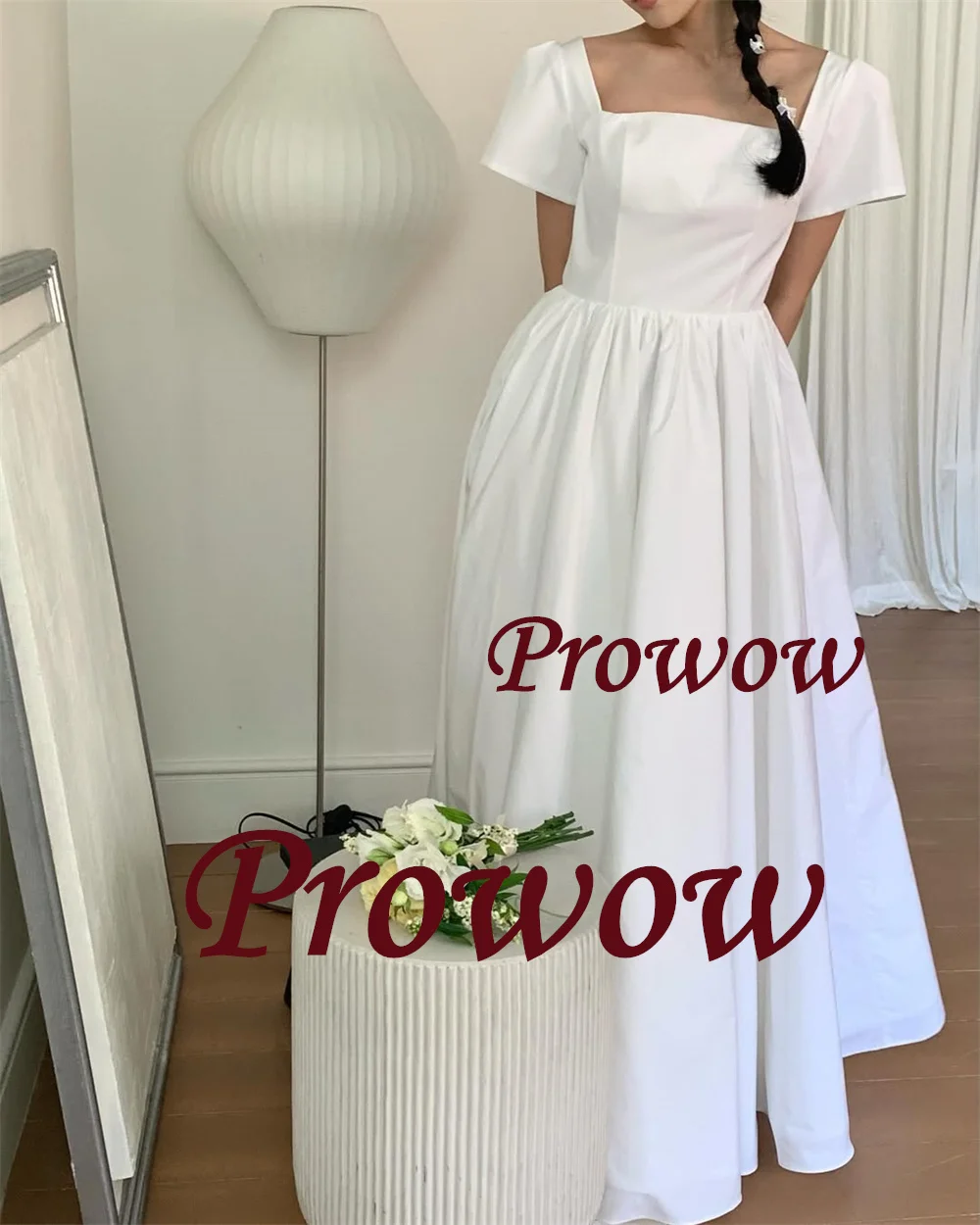

Prowow простое свадебное платье с квадратным воротником, корейское свадебное платье трапециевидной формы для фотосессии, свадебное платье трапециевидной формы с короткими рукавами на шнуровке по индивидуальному заказу