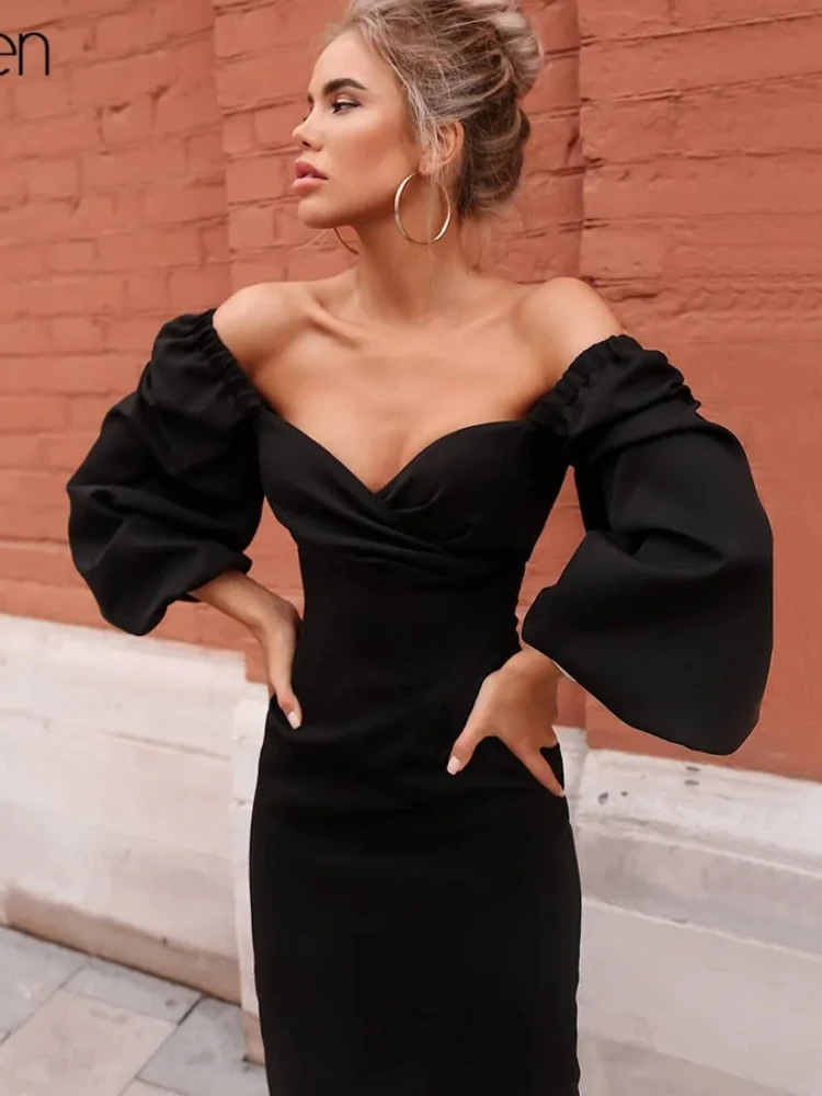 KLALIEN sexy pure V-Neck off shoulder bodycon dress 2019 women autumn winter senior club party night Elegant midi dress 2 color