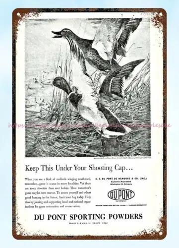 1947 DuPont Sporting Powder ammo LYNN BOGUE HUNT Mallard Ducks metal tin sign