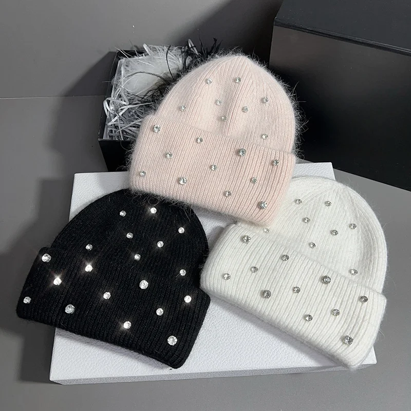 New rabbit hair rhinestone knitted woolen hat female autumn and winter warm thickened fashion everything sweet baotou hat