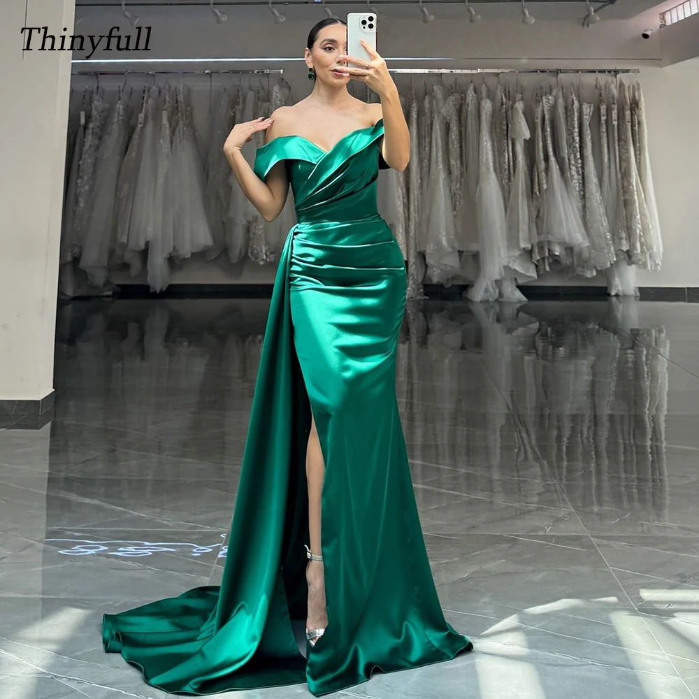 

Thinyfull Mermaid Off Shoulder Evening Dress Sleeveless Satin Prom Dresses Split Long Simple Formal Occasion Gomns Customized