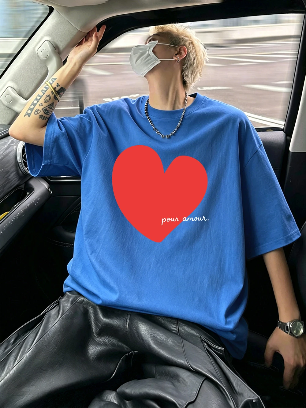 Pour Amour Heart Prints Mens T-Shirts Cotton Summer O-Neck Short Sleeve Tops Oversized Soft Comfortable Tees Casual Male Clothes