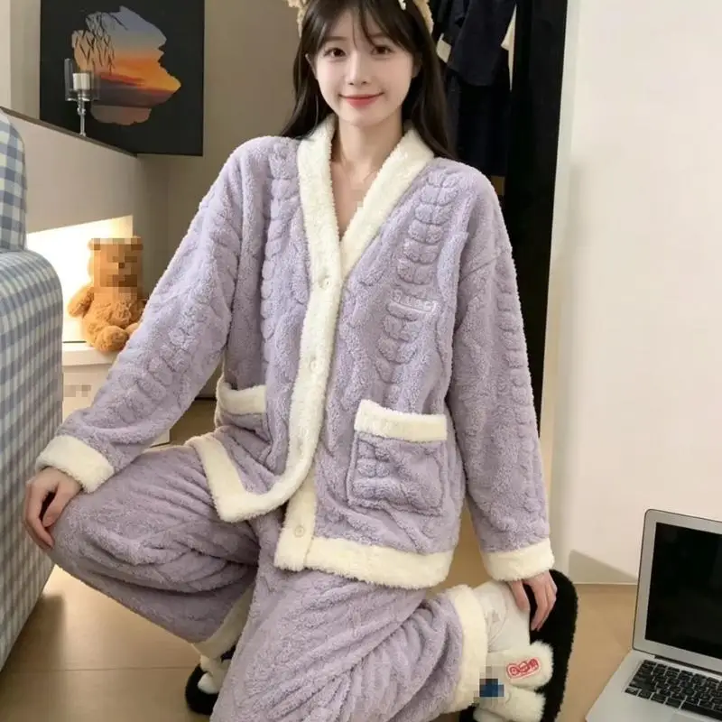 Women's Autumn Winter Thick Flower Long Sleeved Long Pant Home Suit Set Women's Warm Cardigan Coral Fleece Pajamas Two-Piece Set