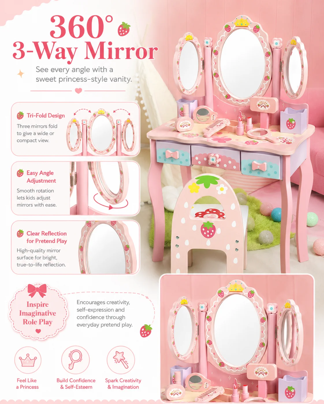 Kids Wooden Vanity Table Set with 3 Mirrors & Chair, Girls Pretend Play Dressing Table with Makeup Accessories