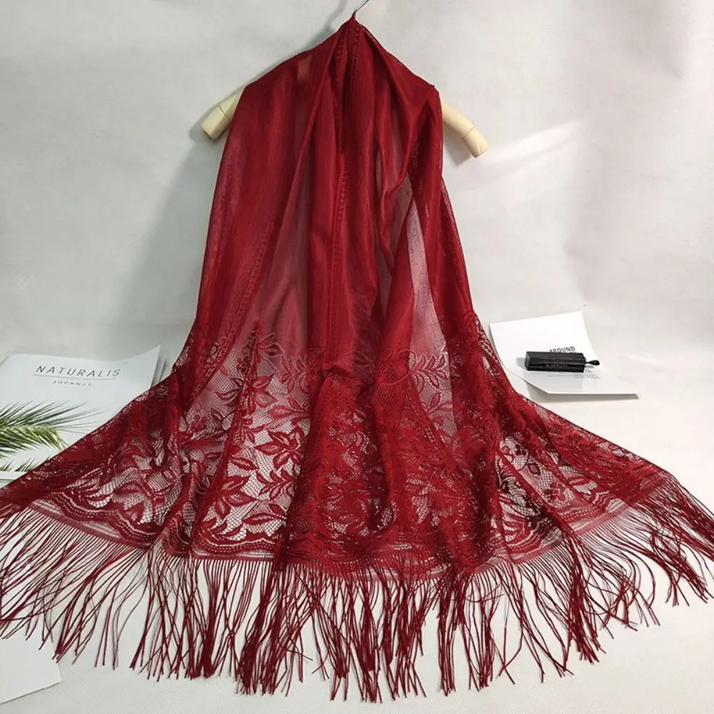 Lace Silk Scarf Ladies Pure Color Hollow Jacquard Tassel Scarf Indoor Shawl Travel Sunscreen Scarf Long Women Shawl