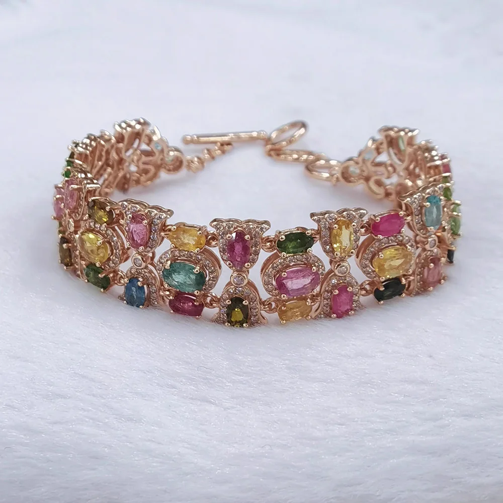 Rose Gold Color Rainbow Colorful Zirconia Bracelet for Women Girls 22CM Long Luxury Wedding Bangle Vintage Party Jewelry Gift