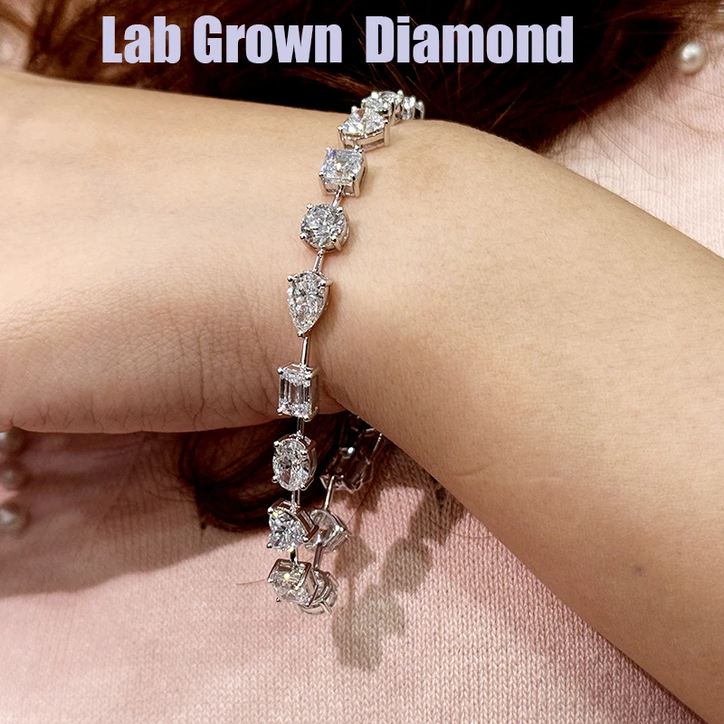 9ctw Total Lab Created Diamond (CVD hpht) Oval Heart Round Emerald Tennis Line Bracelet 14K Solid White Gold 18cm
