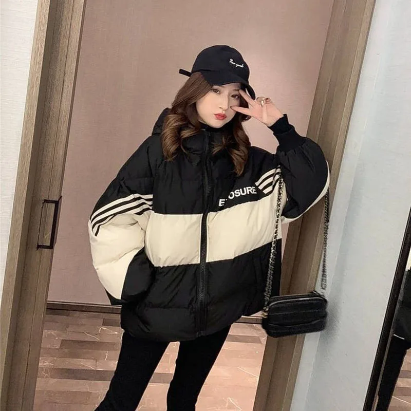 Down Cotton Coats Women Patchwork Side Stripes Loose Jacket Padded Thick Warm Winter Outwear Hooded Female Harajuku Tops