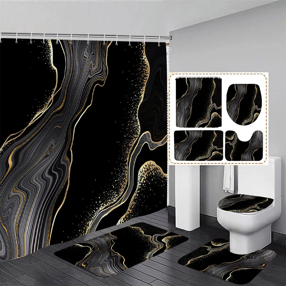 Black Marble Shower Curtain Set Gold Lines Abstract Textured Pattern Modern Bathroom Decor Non-slip Rug Bath Mats Toilet Cover