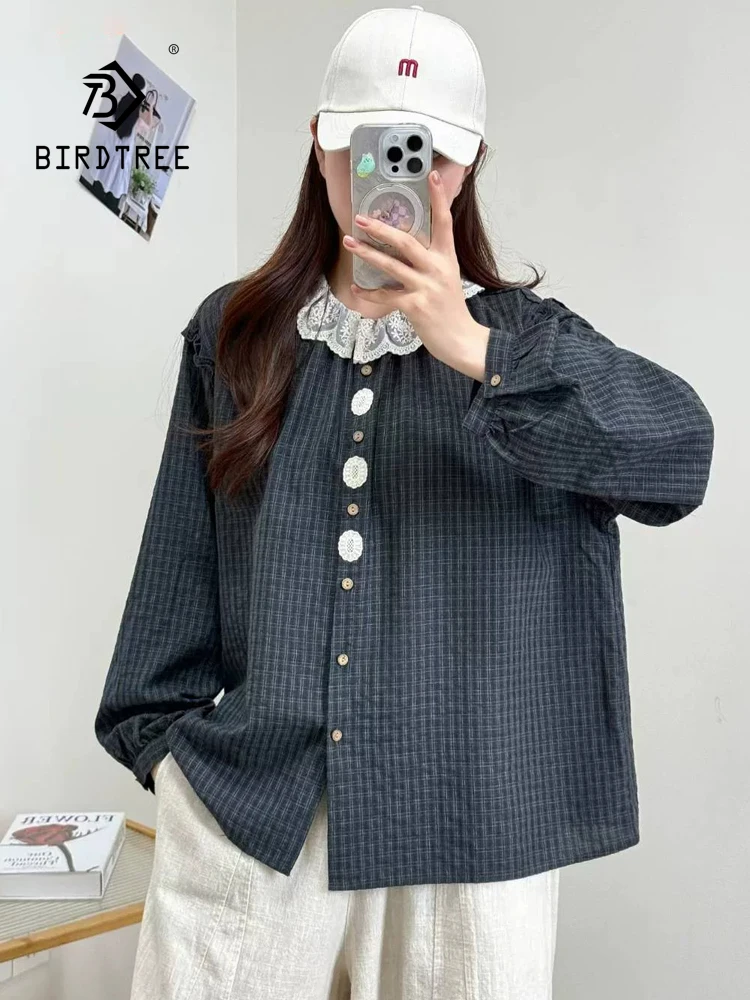 New 2026 Autumn Women Cotton Long Sleeve Shirt, Ruffled Plaid Lace, Mori Girl French Age Reduction Chic Loose Blouse T6O587CC