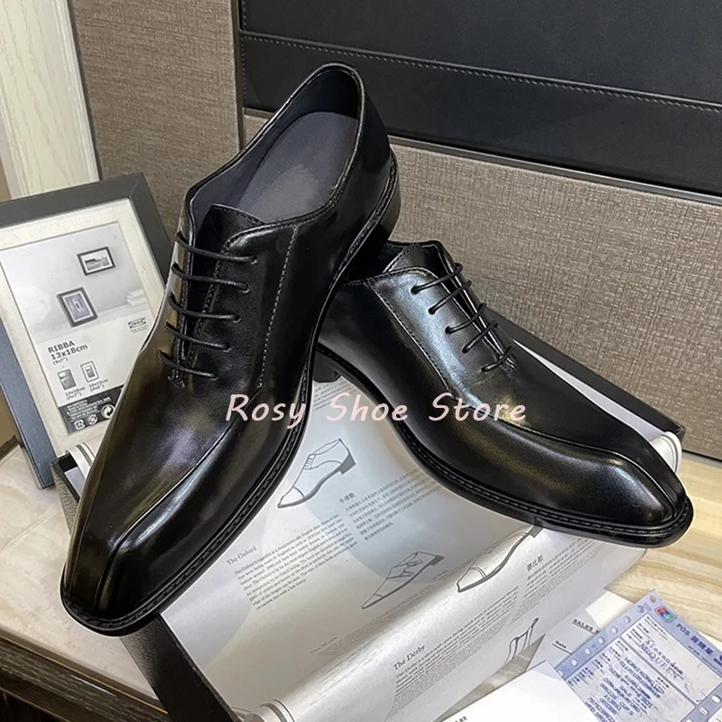

Retro Mature Style Black Leather Men's Business Elite Formal Shoes Groom's Flat Square Heel Lace Up Wedding Fashion Leather Shoe