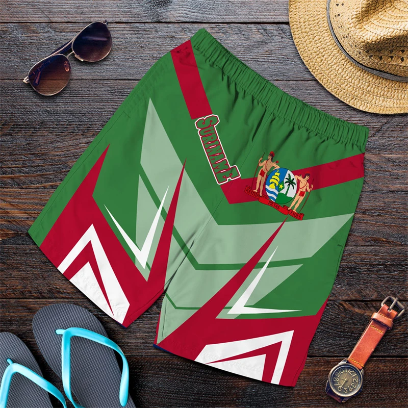 Surinam Flagge Karte 3D-Druck kurze Hosen für Männer Kleidung lässig Hawaii Strand Shorts Suriname National Emblem Trunks männliche Hose