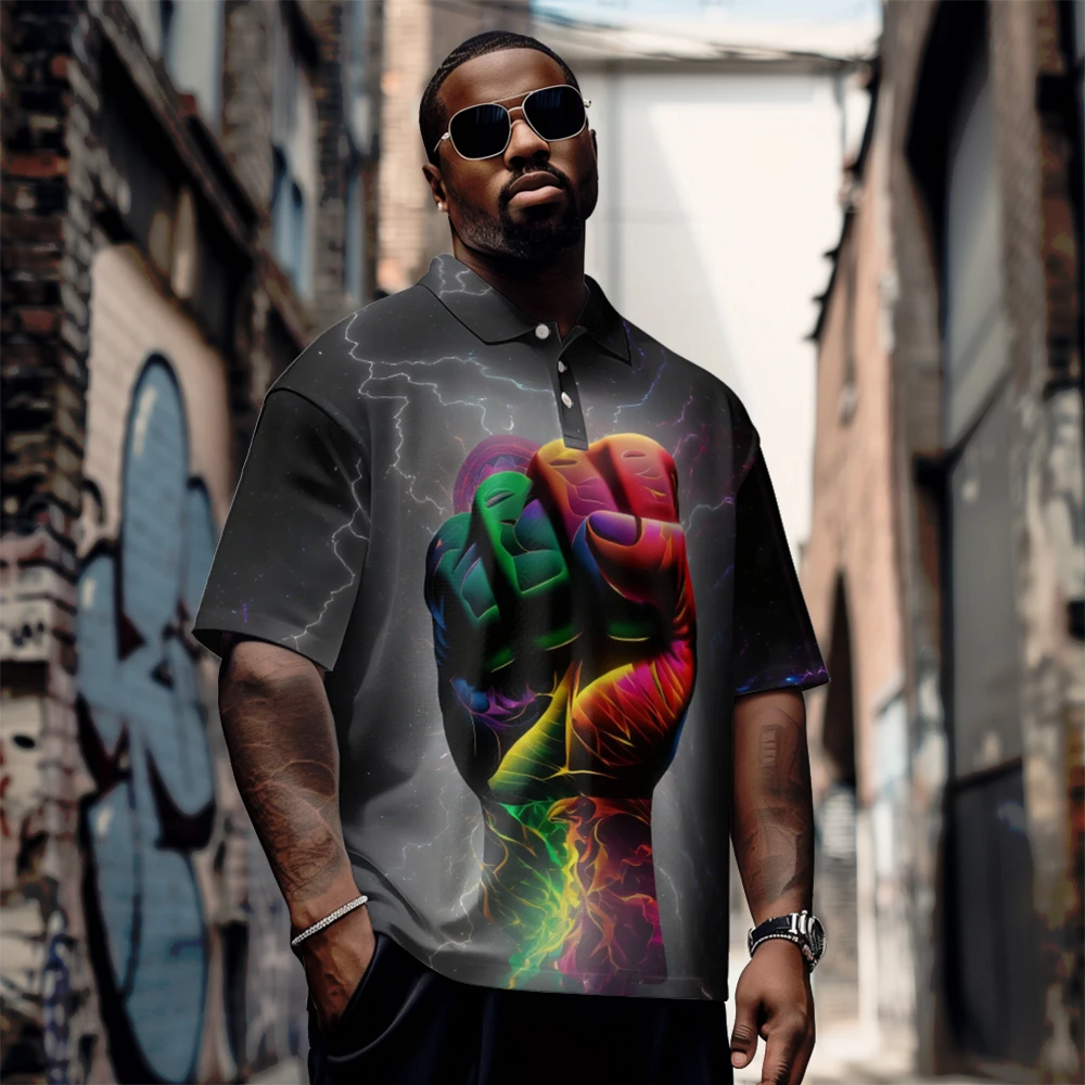

Large men's summer short sleeved lapel Rainbow Fist print short sleeve Daily casual button polo shirt