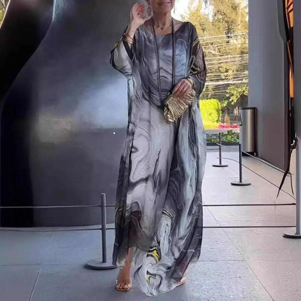 

Women Long Dress Elegant Print Maxi Dress with Flowy Bat Sleeves Double-layered Design for Women Ankle-length Chic Outfit Round