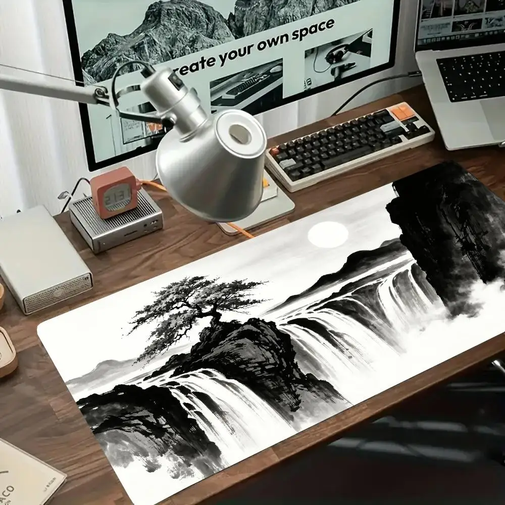 Playmat Oriental Ink Wash Landscape Waterfall Cloud Mountain Scenery Large Size Non Slip Mousepad For Laptop Games Desk