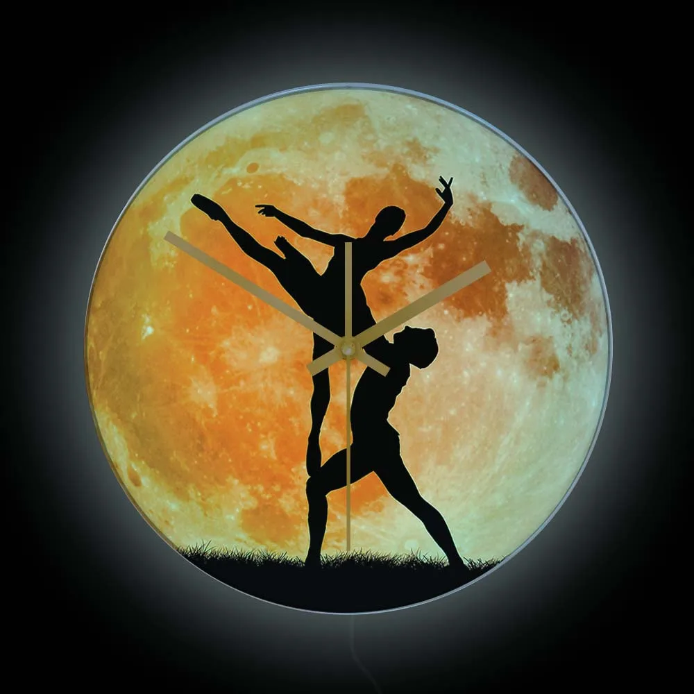 Dancing With The Moon LED Lighting Wall Clock For Dance Studio Couple Dancer Home Decor Watch Silent Quartz Clock With Backlight