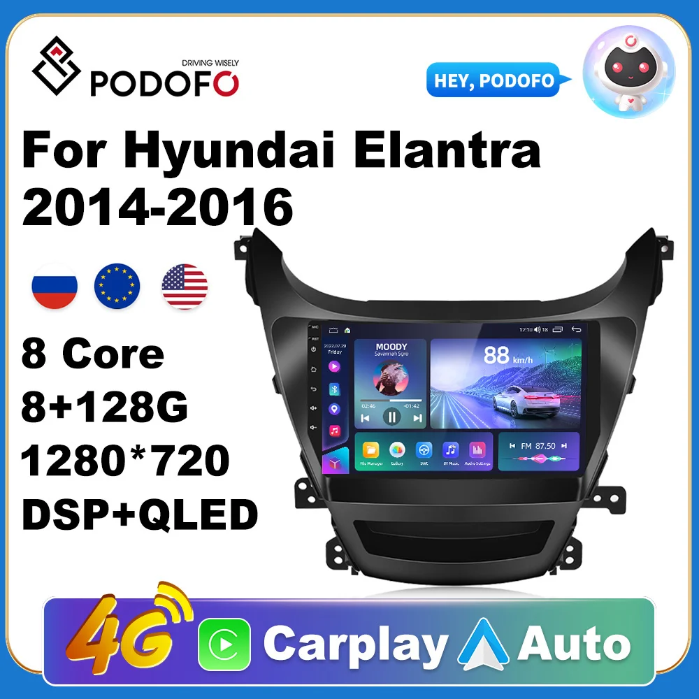 Podofo Android 11 8 128G Car Radio 9 Inch For Hyundai Elantra 2014-2016 2 Din Touch Screen Car Stereo GPS Wireless Carplay HiFI