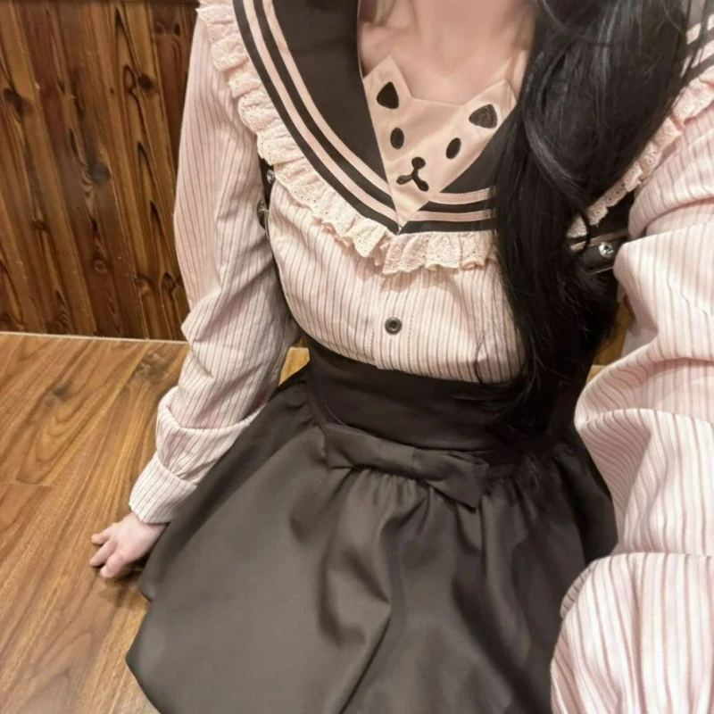 

Japanese Kawaii Lolita Style Two-piece Set Women Sweet Lace Ruffles Sailor Collar Tops Slim Strap Skirts Y2k Aesthetic Full Set