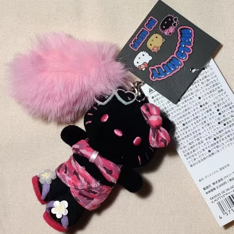 Sanrio Repipi pluche sleutelhanger Hello Kitty luipaard zwarte hanger Y2K cartoon donkere huid pluizige Kitty kat hart gevulde sleutelhanger