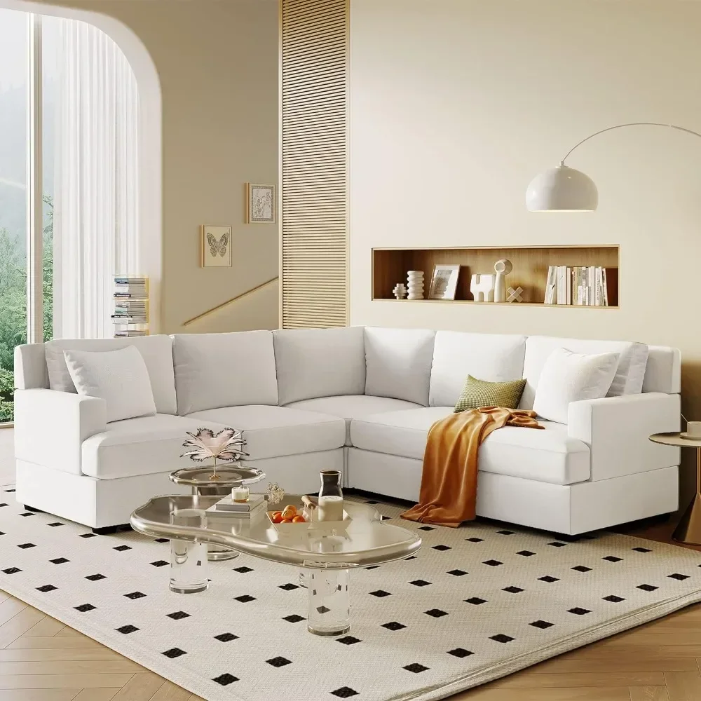 5 Sofas for Living Room Sectional Modular Sofa with 2 Tossing Cushions and Solid Frame for Living Room White Couch Furniture