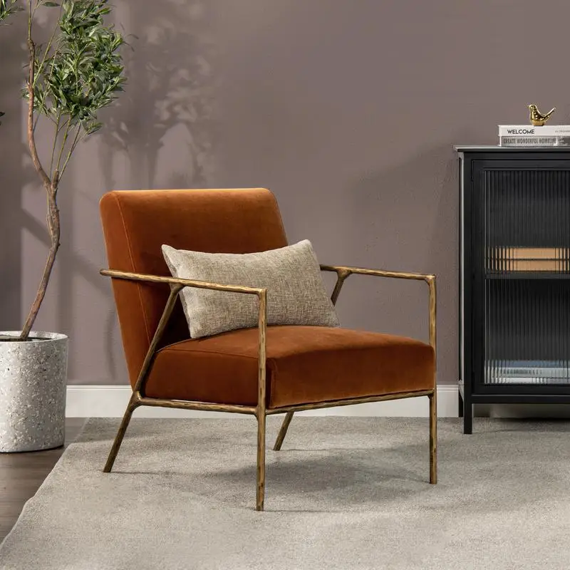 24.5" Hammered Brass Upholstered Accent Arm Chair, Burnt Orange Velvet