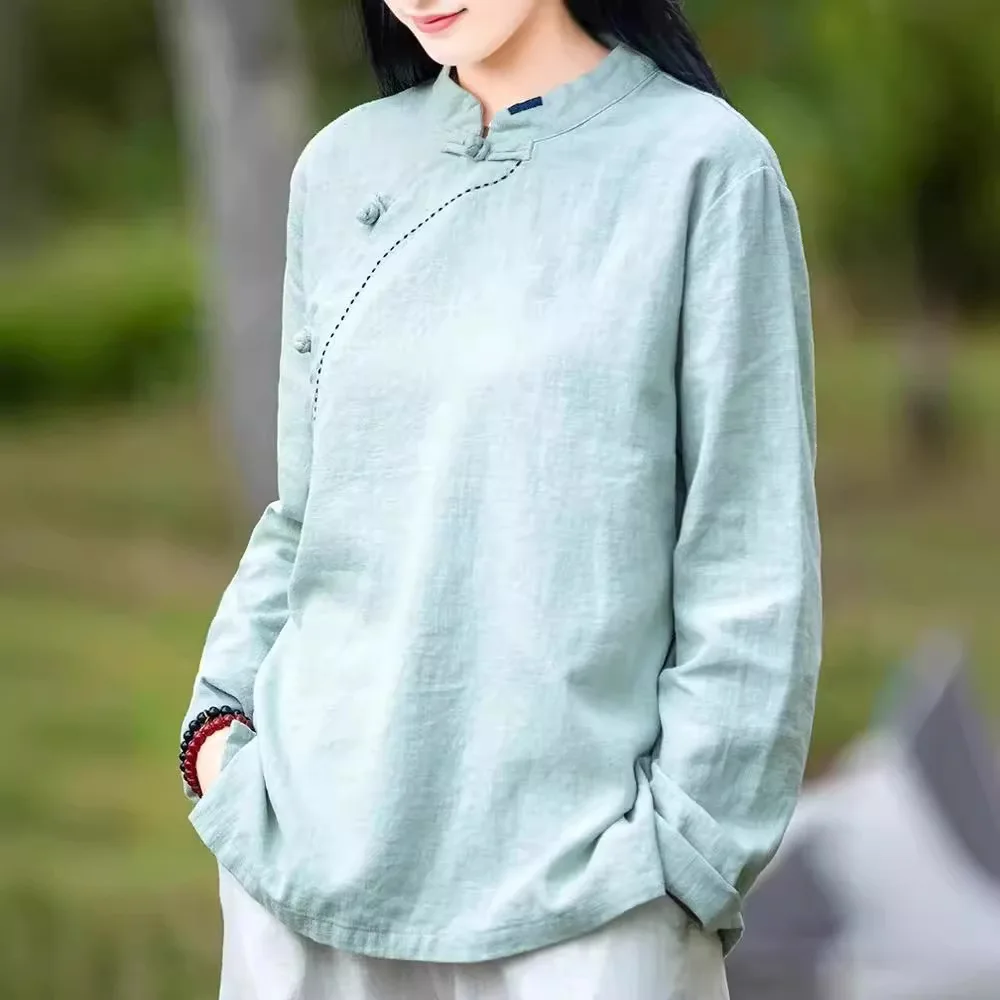 Women's Cotton and Linen Retro Stand Up Collar Long Sleeved Shirt New Traditional Chinese Style Top Simple Style Shirt