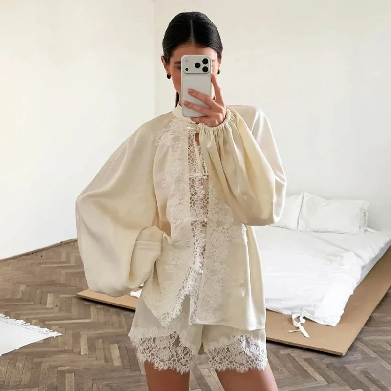 Elegant Satin Apricot Lace Shorts Suit Pajamas 2026 Casual Button Up Shirt With Elastic Waist Shorts Loose Soft Sleepwear
