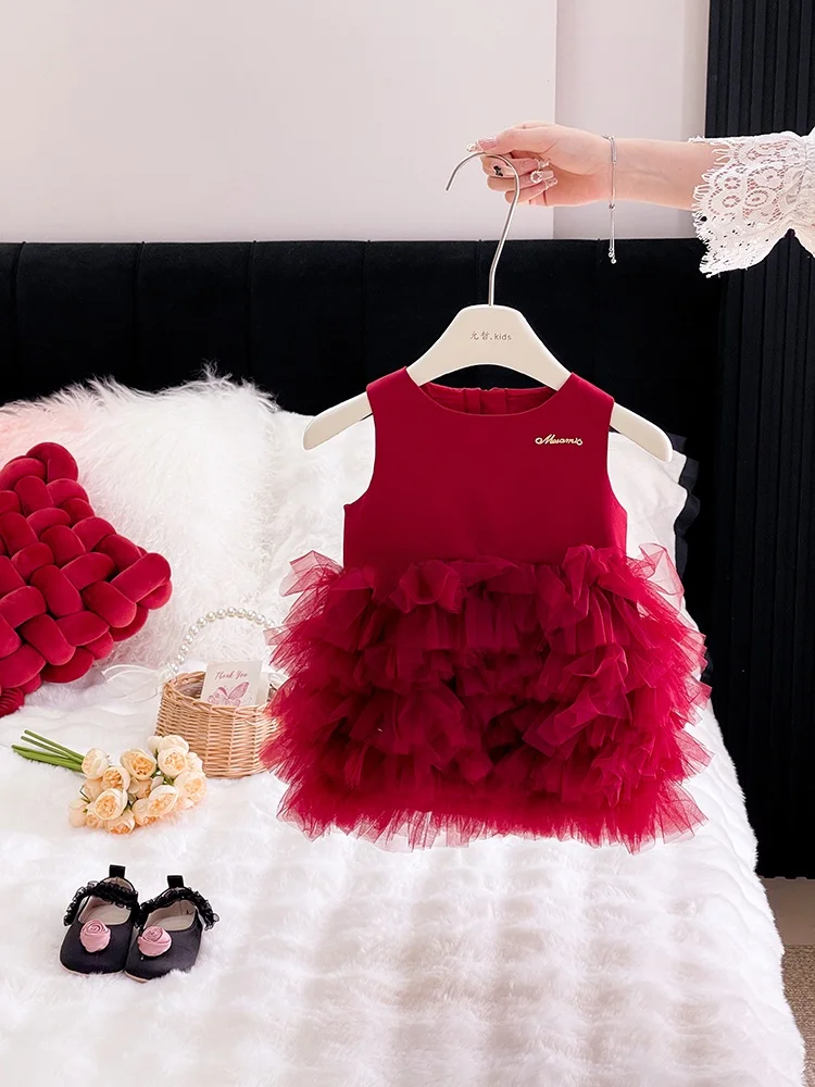 Vestido de Verão para Meninas Princ Sle, Saia em Camadas, Moda Infantil 2025, Outros Materiais de Verão