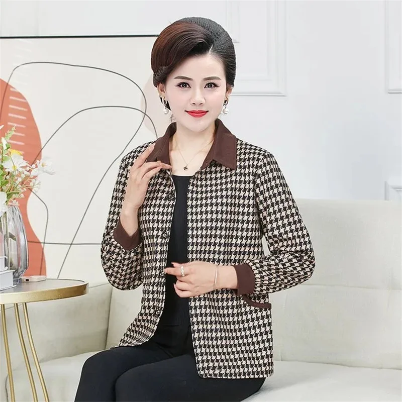 Middle Aged Mother Long Sleeves Jacket Korean Women Large Size 5XL Tops Spring Autumn Ladies Fashion Stand Collar Lattice Coat