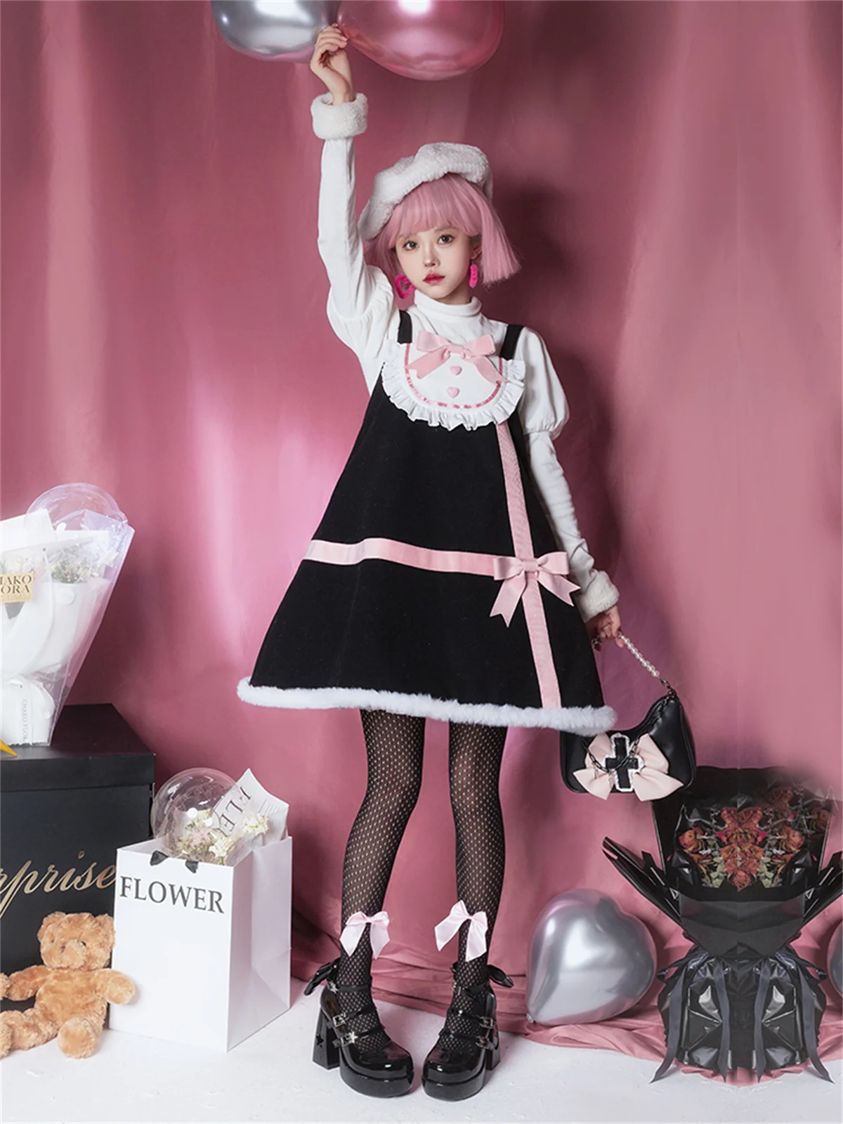 Japanese Sweet Style Lolita Cosplay Kawaii Girls Jsk Suit  Winter Warm Fluffy Love Button Apron Ribbon  Bowknot  Cute Suit