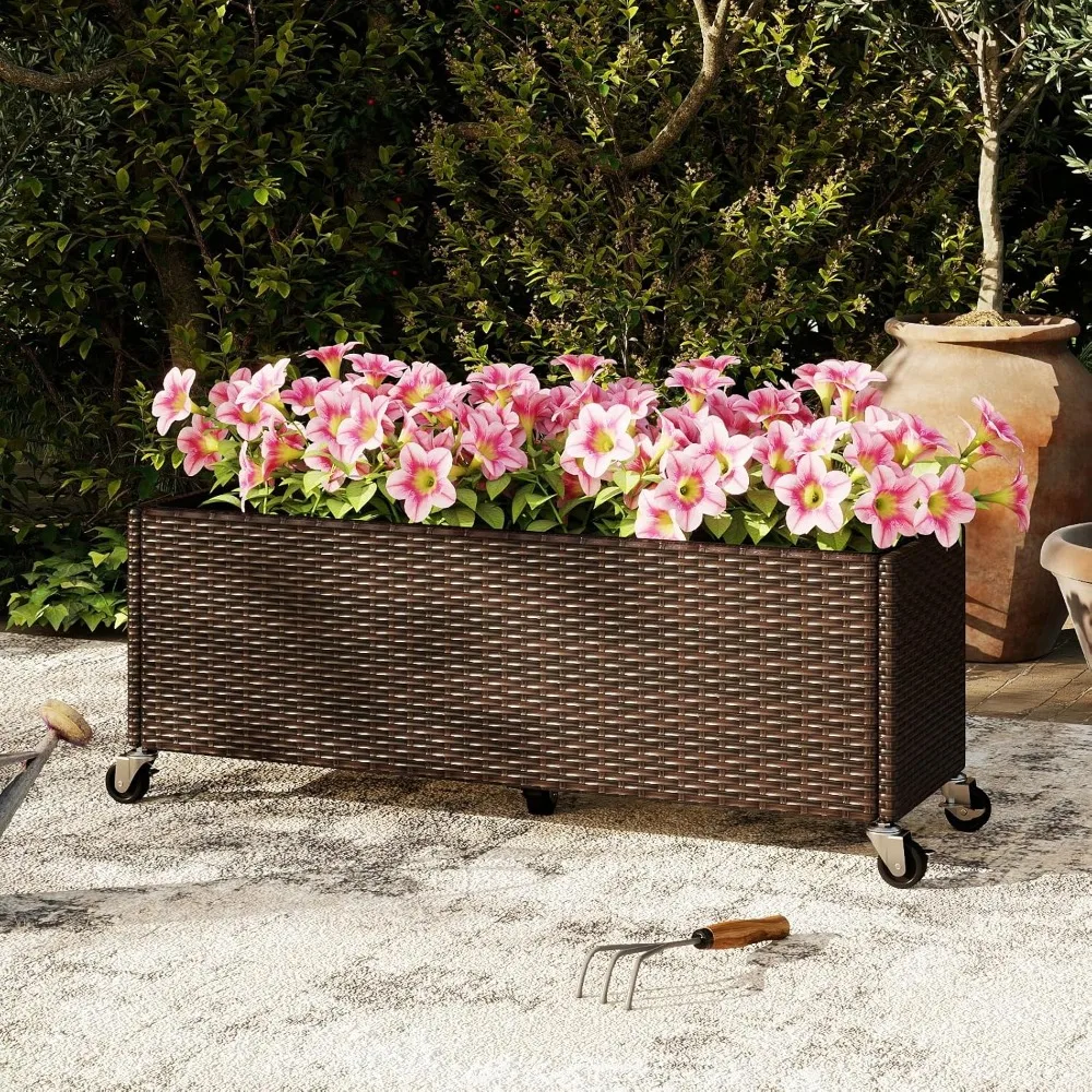 

Wicker Raised Garden Bed with Wheels, 38”x12”x14”, Rectangular Garden Planter Box w/PE Rattan, Liner Fabric, Wicker, Customized