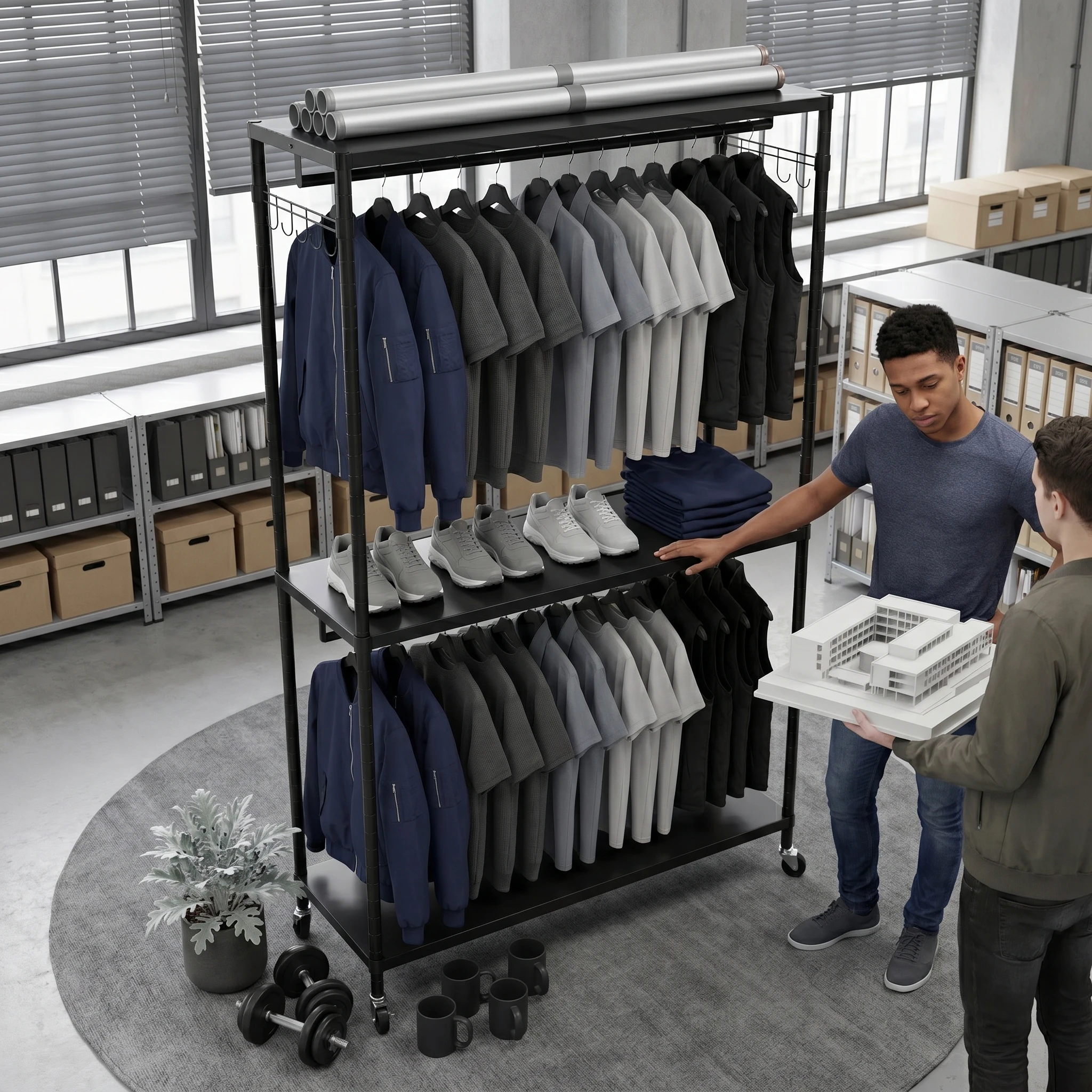 Moderner Rollbarer Kleiderständer 500LB Hochbelastbar Massiver Stahl 3-stufiger Kleiderständer Doppelte Kleiderstangen Verriegelbare Räder Tragbarer Kleiderschrank