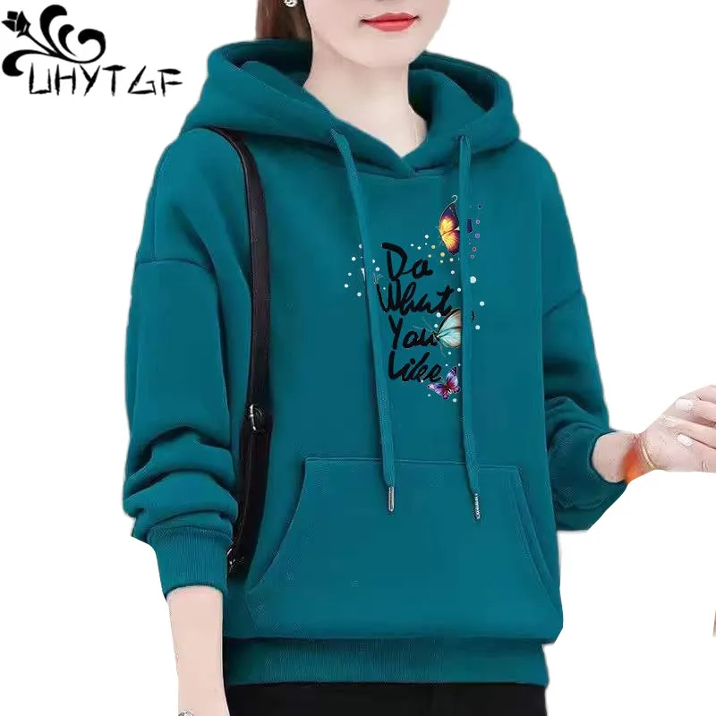 UHYTGF M-4XL Hoodie Women\'s Fashion Print Pullover Hooded Winter Sweatshirts Jacket Female Korean Loose Casual Ladies Coat 2322