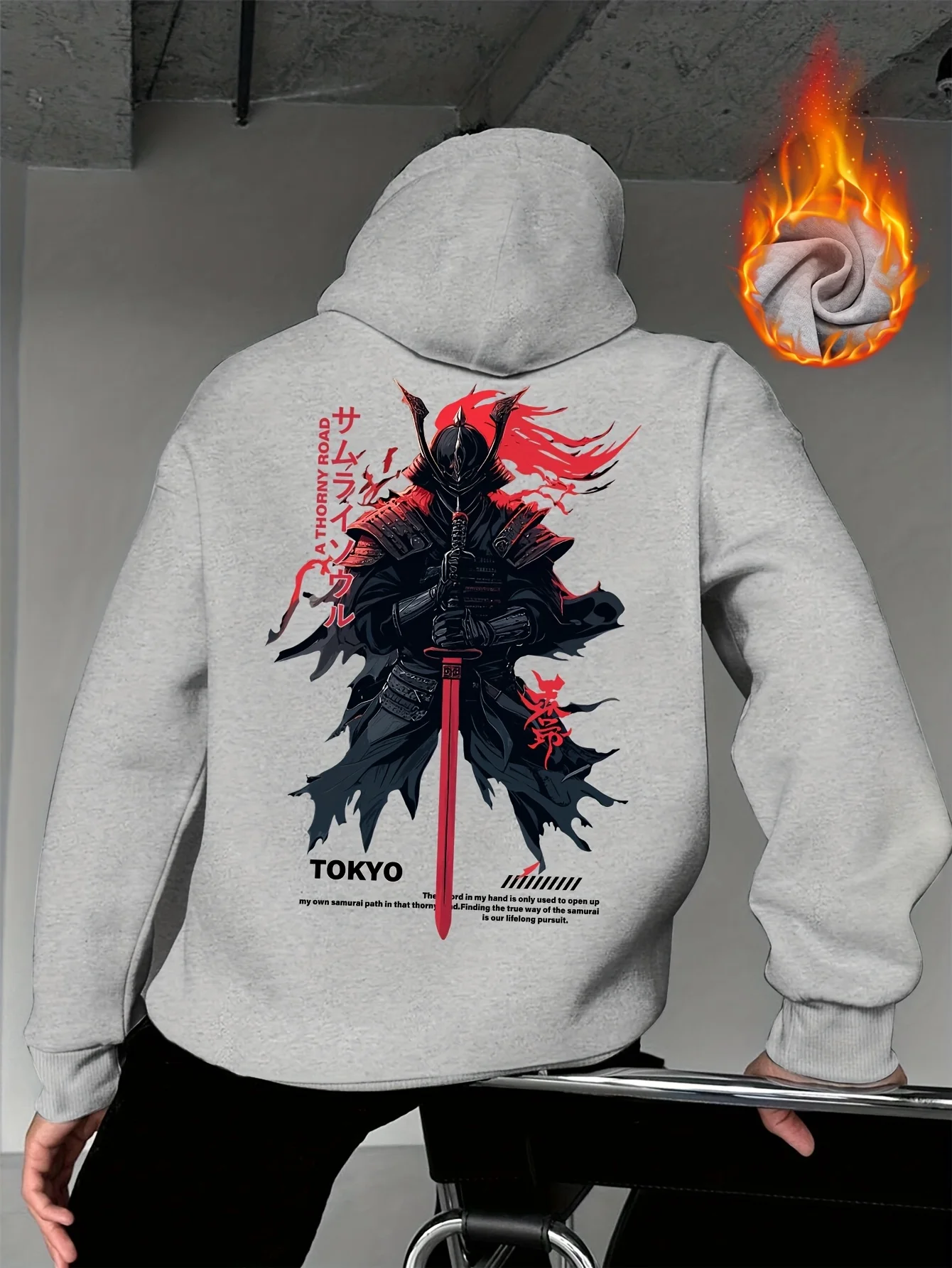 Men's Autumn-Winter Tokyo Samurai Road Printed Hooded Fleece Pullover, Versatile Sporty Casual Loose Hooded Pullover