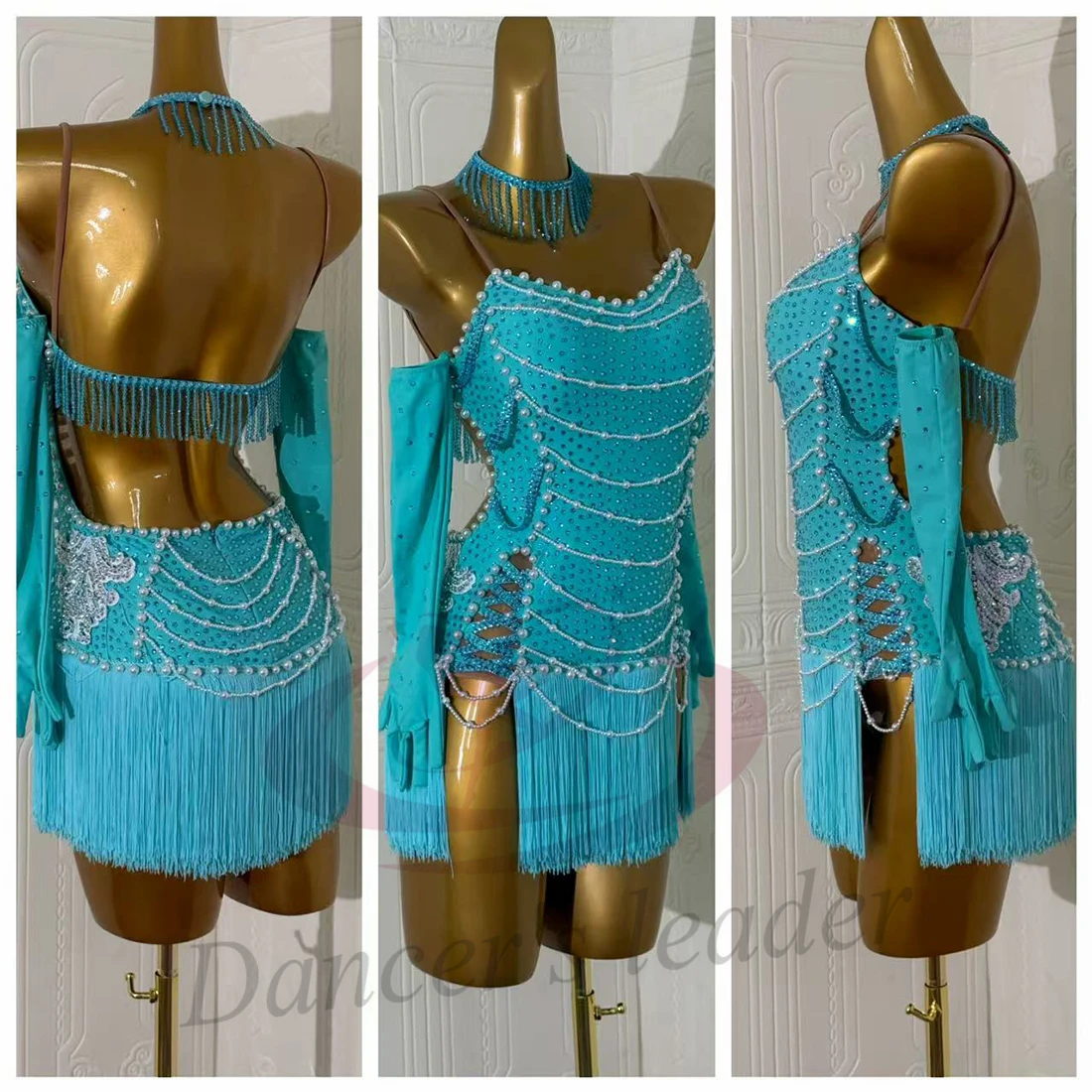 فستان راقص لاتيني للأطفال البالغين عالي الجودة مخصص بسلسلة من اللؤلؤ وشرابة تنورة تانجو سامبا AB Stone Performance