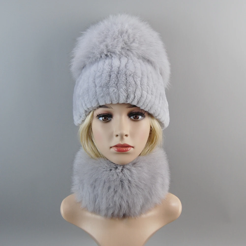 2024 Hot Sale Winter Soft Warm Women Real Rex Rabbit Fur Scarf Hat Warm Real Fox Fur Cap Ring Shawl Natural Fox Fur Scarves Hats