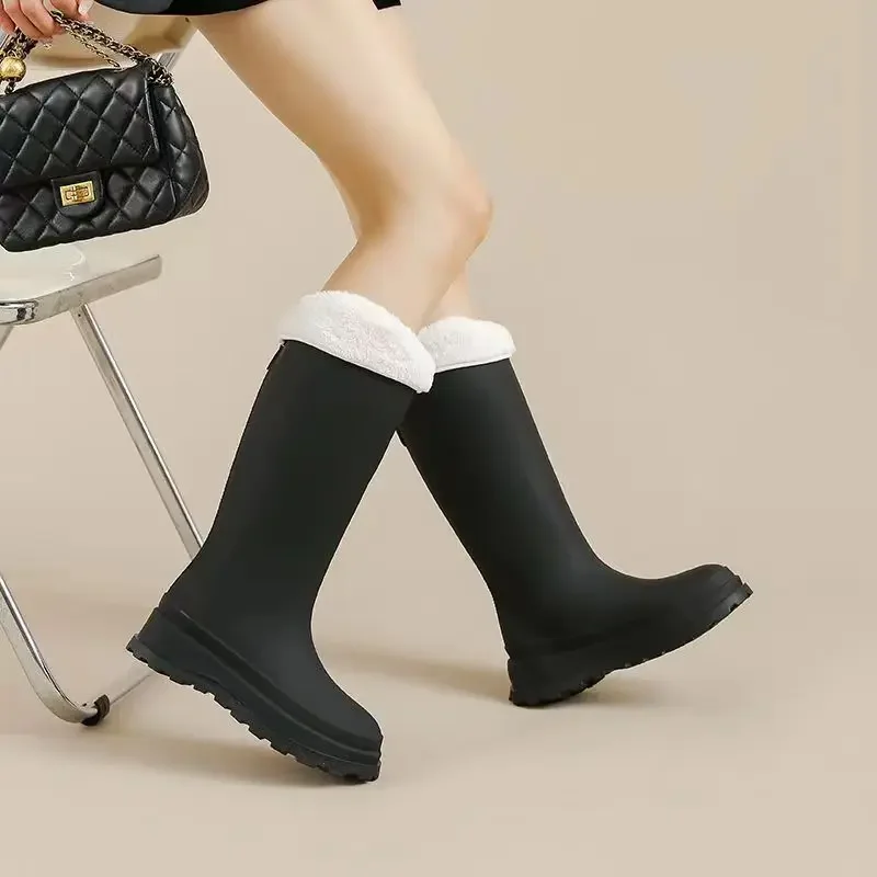 Zapatos De lluvia a la moda para mujer, Botas De lujo hasta la rodilla, Botas De goma antideslizantes, cálidas, impermeables, Botas De lluvia para mujer