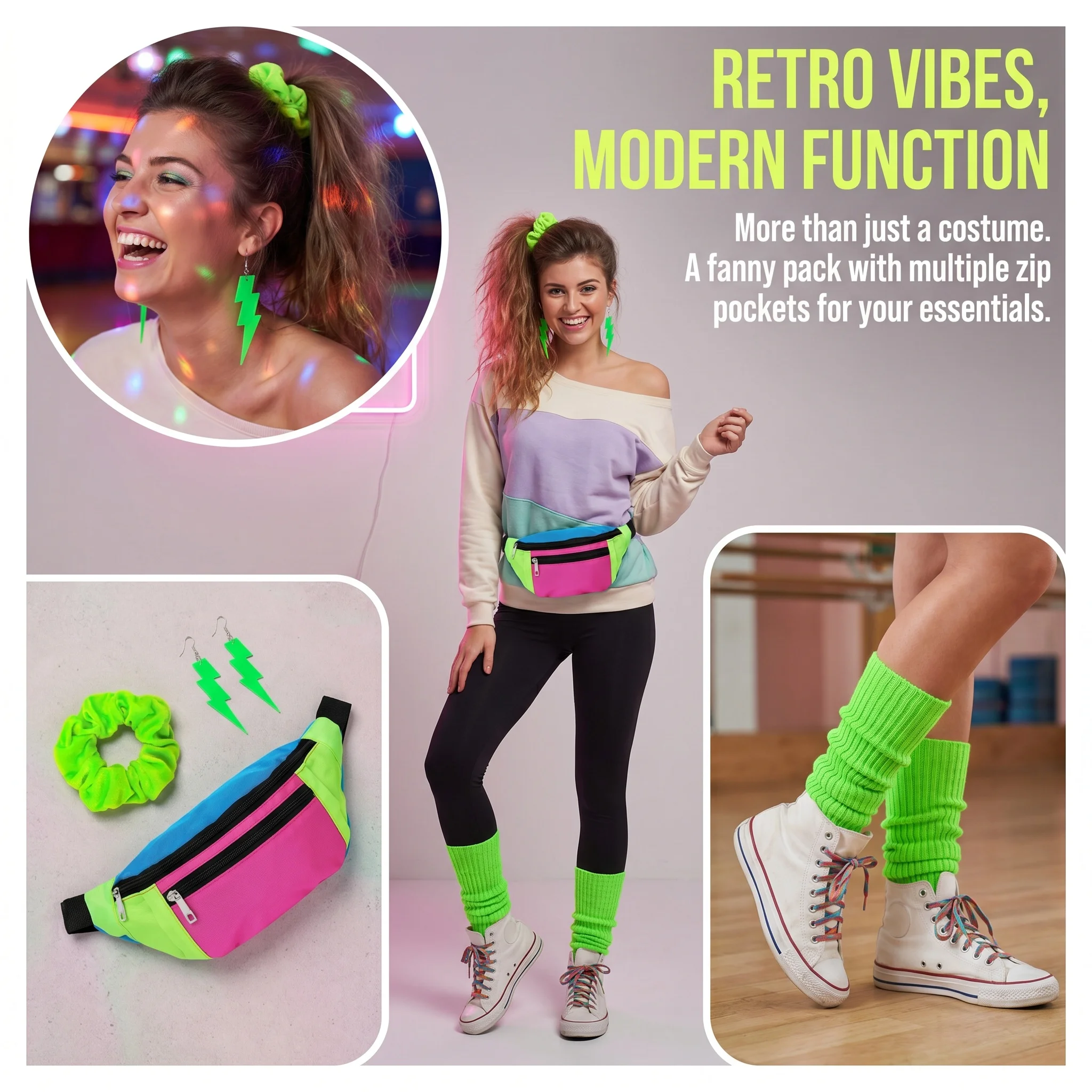 80s 90s Retro Neon Costume Accessories Set Color Block Fanny Pack Knit Leg Warmers Lightning Drop Earrings Velvet Hair Scrunchie