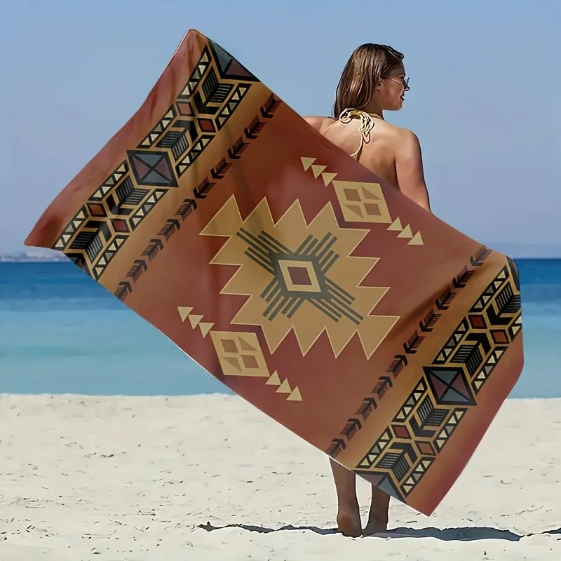 Western Southwest Geometric Tribal Aztec Border Pattern Microfiber Beach Towel Boho Desert Style Quick Dry Bath Towel