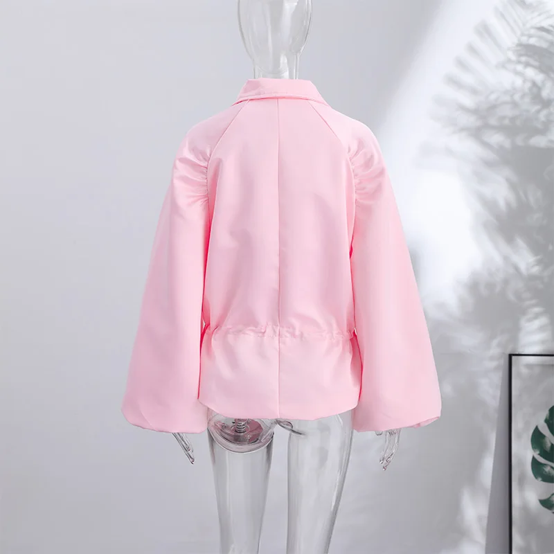 Übergroße, taillenbetonte, glänzende Oberflächenmäntel für Damen, Street-Style, Stehkragen, Laternenärmel, einfarbige, lockere Jacken, schicke Oberbekleidung – Detail 6