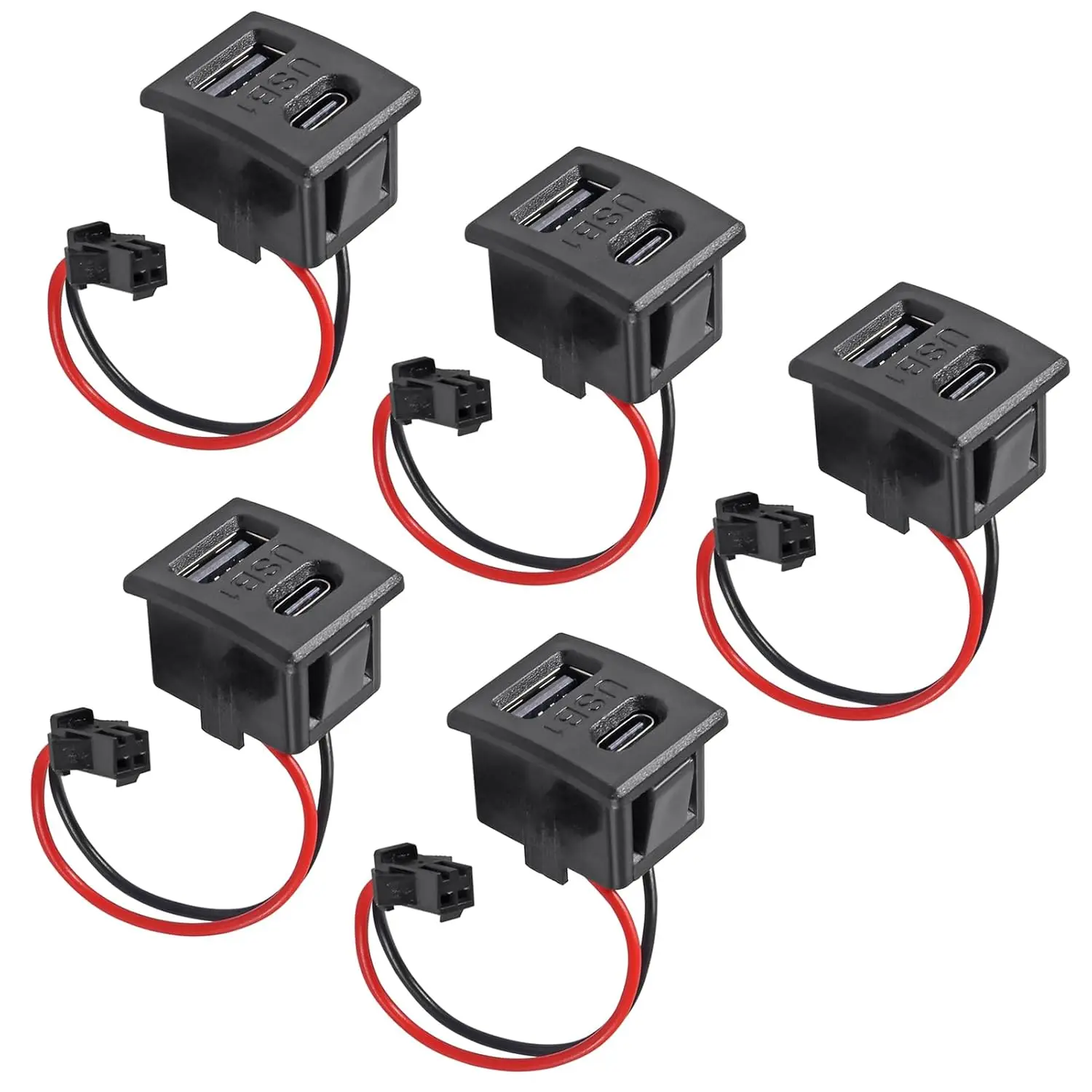 

5PCS Black Double Layer USB Female Base Type-C Socket and Female USB Lamp Charging Socket Power Socket with Cable Connector