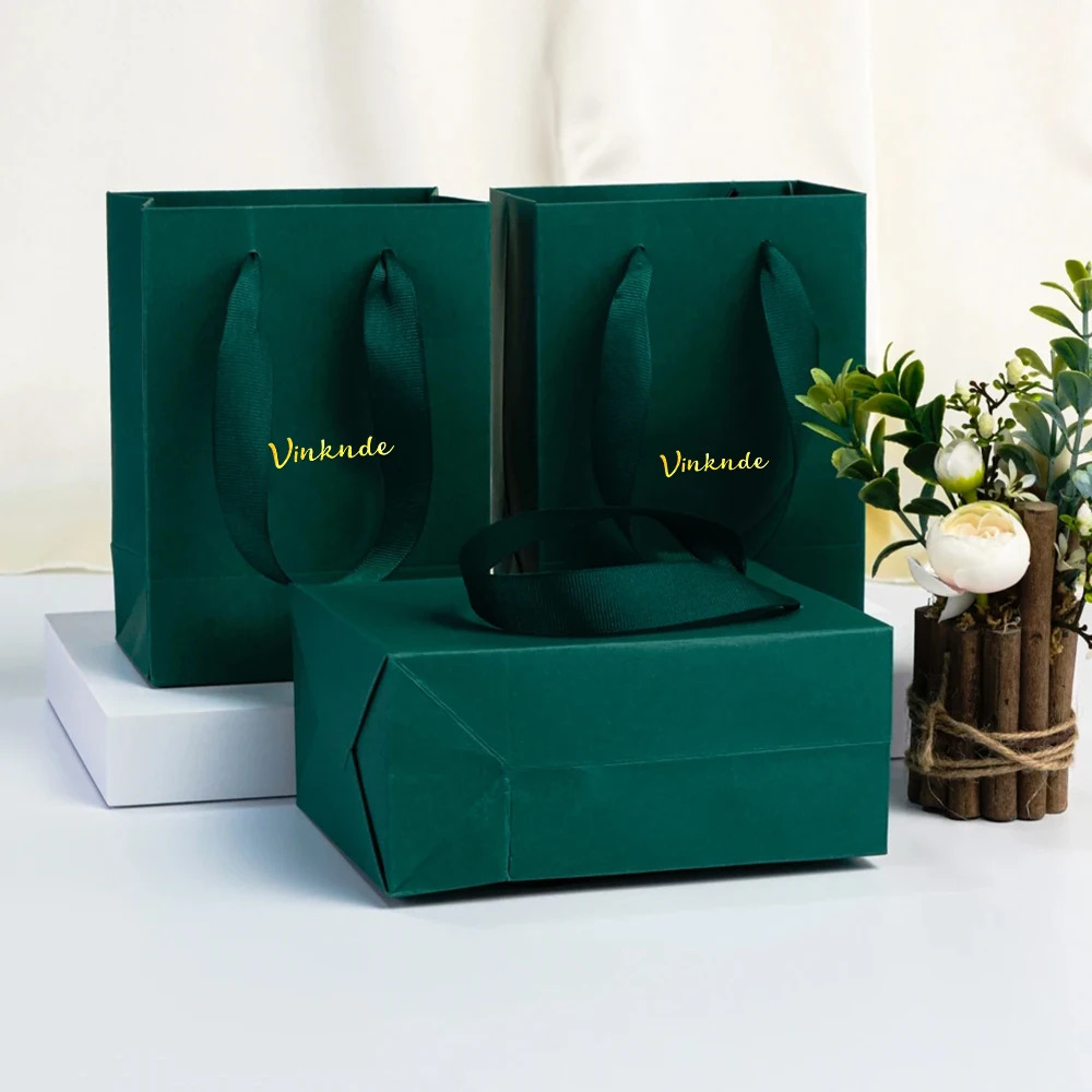 

Custom Logo New Dark Green Paper Tote Bag with Handle Party Candy Gift Bag for Chiristmas Wedding Birthday Shopping Recycled Bag