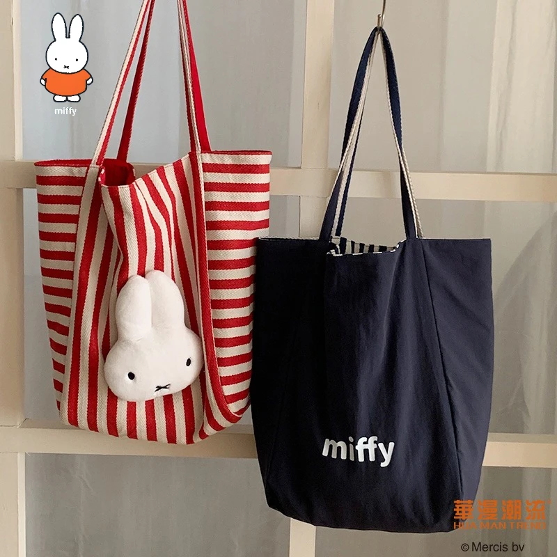 

Холщовая сумка-тоут для куклы Miffy в полоску, простые усовершенствованные женские рюкзаки спереди и сзади
