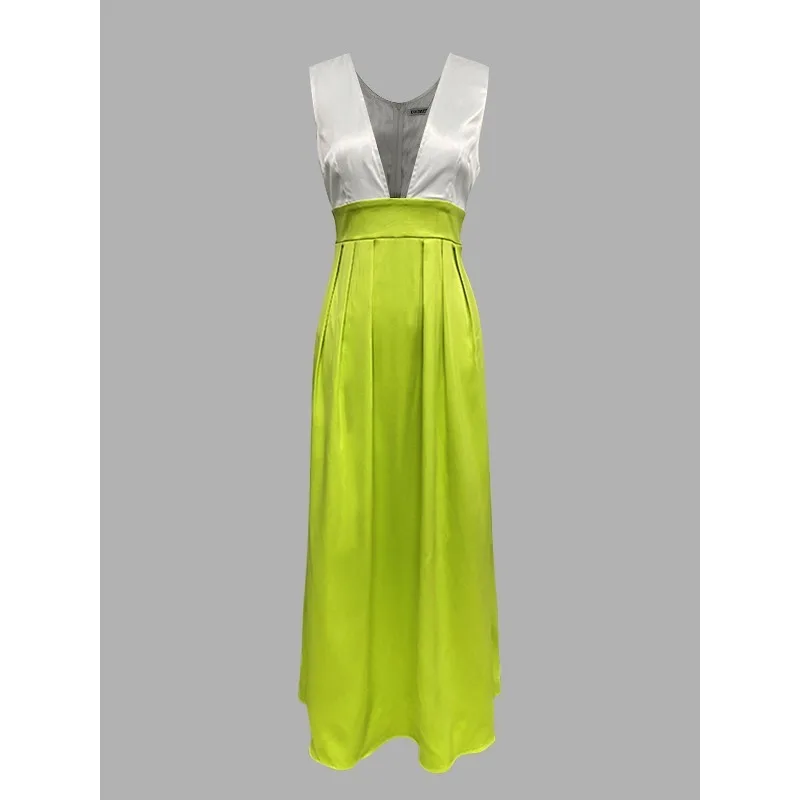 Luksusowe satynowe suknie wieczorowe dla kobiet 2025, linia A, plisowane, bez rękawów, głęboki dekolt w serek, elegancka sukienka na przyjęcie, długie sukienki 178731