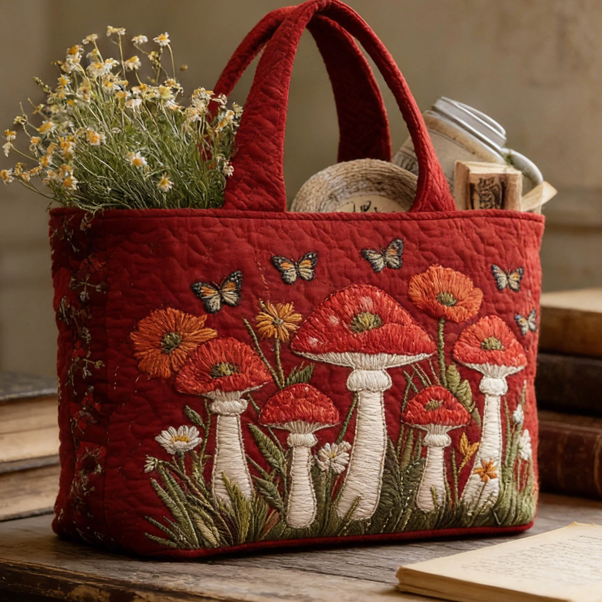 

Cottagecore Vintage Tote Bag Cute Mushroom Floral Butterfly Quilted Casual Shoulder Handbag for Daily Shopping Picnic Travel