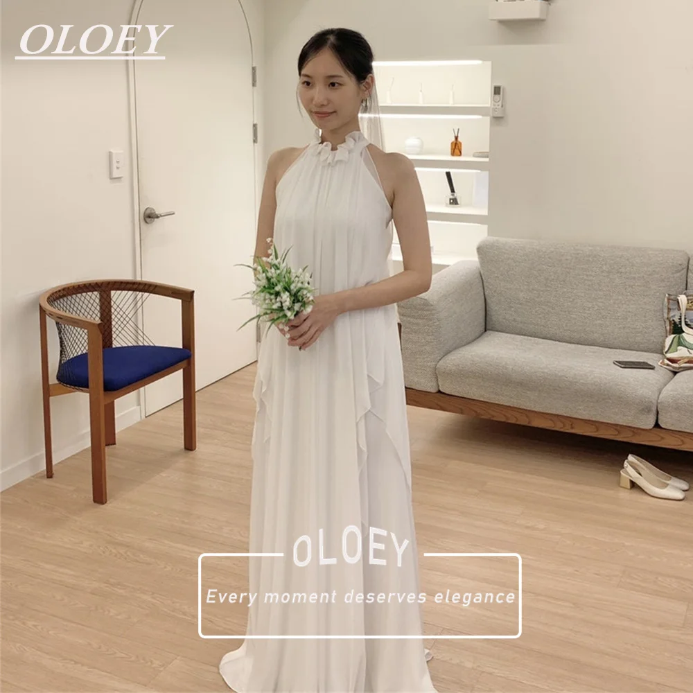 

OLOEY Simple Halter A-Line Wedding Dress Korea Photoshoot Sleeveless Pleated Chiffon Bridal Gown Floor Length Customized