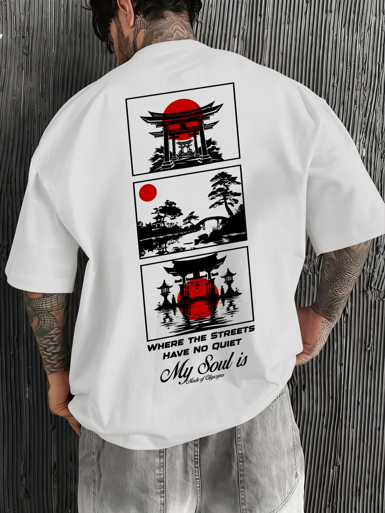 Ukiyo-e Torii Temple Graphic Oversized Tshirt Men Japanese Scenery Print Streetwear Unisex Pink Loose Short Sleeve Tee