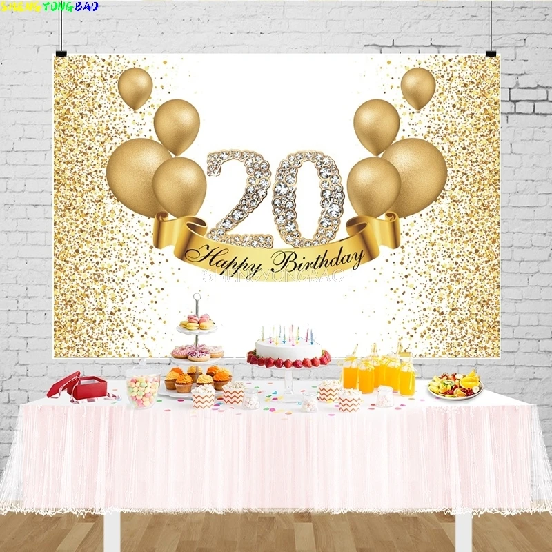 

Birthday Party Photography Backdrops 20 Years Man Woman Girl Boy 20th Glitter Diamond Pink Balloons Gold Photo Background KD-01