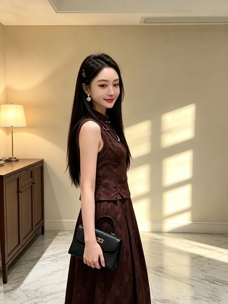 New 2026 Summer Chinese Style High Waist Midi Skirt Set Women's Sleeveless Slimming Fashionable Button up Top Bottom Ensemble